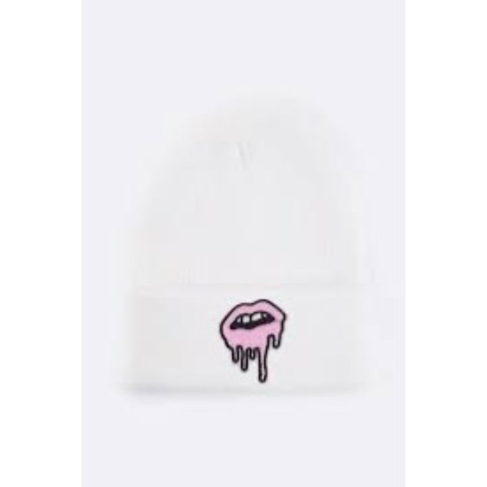 GiG Drippy Lips Iconic Beanie Knit Hat White Pink Skull Cap Drip Lip